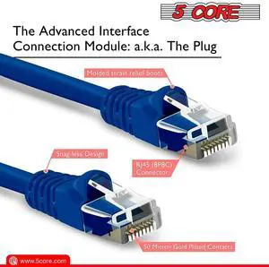 5 Core Ethernet Cable 3 ft Long Cat 6 Computer Internet Patch Cord High Speed WiFi RJ45 for Gaming Indoor Outdoor Use - ET 3FT BLU