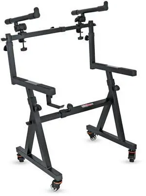 5 CORE Keyboard Stand 2 Tier Z Style Adjustable Electric Piano Riser Foldable & Sturdy Lift Holder With Secure Strap Mount For 54 88 Key Instruments With Wheels - KS Z1 BLK HD WHLS + 2T