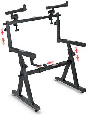 5 CORE Keyboard Stand 2 Tier Z Style Adjustable Electric Piano Riser Foldable & Heavy Duty Lift Holder With Secure Strap Mount For 54 88 Key Instruments - KS Z1 BLK HD + 2T