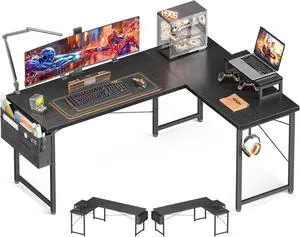 Casaottima L Shaped Computer Desk with Storage Bag, 57.5 Inch Reversible Gaming Desk, Home Office Corner Desk with Monitor Shelf, Space-Saving Writing Workstation Desk, Easy to Assemble, Black