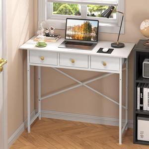 White Writing Desk with 3 Drawers for Bedroom, 37.2 Inch Small Computer Desk for Small Spaces, Simple Study Desk for Kids Bedroom, Home Office, Dorm, Living Room, Small Vanity Make Up Desk, White