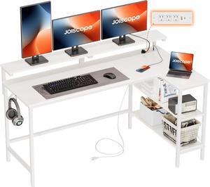 JOISCOPE L Shaped Large Gaming Desk with Shelves and Display Riser, Corner Computer Desk with USB and Type-C Outlet, Home Office Desk for Work, Writing and Study, 60 inches, White