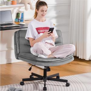 COMHOMA Criss Cross Chair with Wheels, Armless Wide Cross Legged Office Chair Mid Back, Modern Home Office Desk Chair Swivel Adjustable Vanity Computer Chair, Gray Velvet