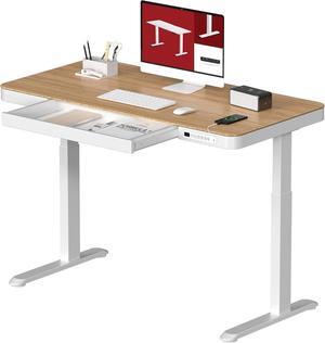 SANODESK Standing Desk with Drawer, Electric Height Adjustable Home Office Desk with Storage & USB Ports, 48 inch Bamboo Texture Tabletop/White Frame