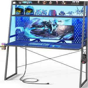 Gaming Desk with Hutch and LED Lights, Gaming Computer Desk with Power Outlets, Gamer Desk with Storage Shelves, PC Gaming Desk with Pegboards, for Bedroom, Carbon Fiber Black, 49"