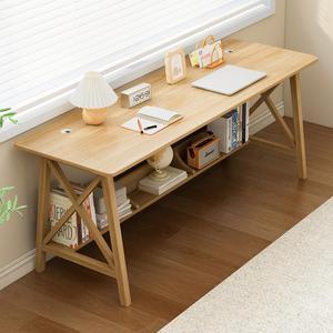 Extra Long Desk with Bookshelf - Solid Wood Home Office Work Study Table, 2-Person Writing Computer Workstation with Storage Shelf in Oak, 63" Wx20 Dx30 H