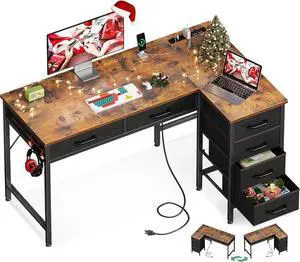 Coleshome 42 Inch L Shaped Desk with Drawers, Computer Desk with Power Outlets, Home Office Desk with 6 Drawers, Reversible Corner Desk for Small Space, Study Work Table with Hook, Vintage