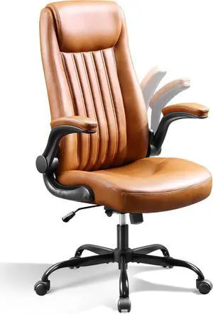 DEVAISE Executive Chair Computer Office Chair, High Back Ergonomic Desk Chair with Adjustable Flip-up Armrests, Lumbar Support and Thick Headrest, Brown