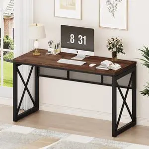 BON AUGURE Farmhouse Computer Desk, Modern Industrial Home Office Desk, Wood Metal Study Writing Table, Sturdy Gaming Desk (Rustic Oak, 54 Inch)