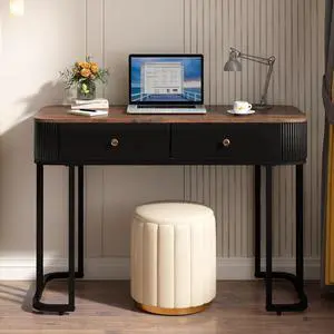 OIOG Console Table with Drawers, Modern Sofa Table with Wood Grain Tabletop, Entryway Table with Stroage for Living Room, Makeup Vanity Desk for Bedroom, Computer Desk with 2 Drawers, Brown and Black