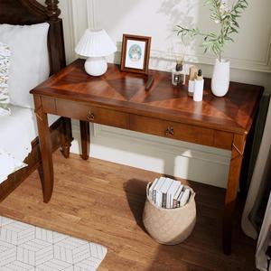 Traditional Home Office Desk with 2 Storage Drawers, Solid Wood Computer Desk with Elegant Carved Legs,Vanity Desk, Writing Desk, Corner Table for Living Room, Easy Assembly Cherry Brown BSZ-DR200