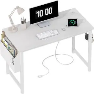 Lufeiya White Computer Desk with Power Outlet, 40 inch Simple Teen Study Table Home Office Work Writing Desks with Charging Station Outlets USB Port Built in, Storage PocketWhite