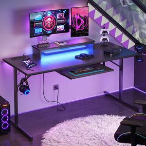 Bestier 63 Inch Gaming Desk with Power Outlets & LED Lights, Large Computer Desk with Monitor Stand & Keyboard Tray Home Office Table with Cup Holder & Headset Hook, Carbon Fiber Black