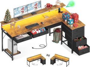 AODK 61" L Shaped Desk with 7 File Drawers, Gaming Desk with LED Light & Power Outlet, Reversible Home Office Desk with Monitor Shelf & Movable CPU Stand, Corner Computer Desk, Vintage
