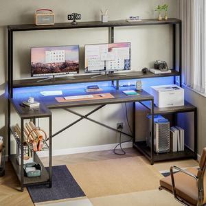 Bestier 71.5 Computer Desk, Gaming Desk with Long Monitor Stand and Hutch, Large L Shaped Corner Desk with Storage Shelf & Printer Stand Headset Hooks, Gamer Desk, Grey Oak