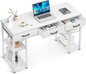 ODK Office Small Computer Desk: Home Table with Fabric Drawers & Storage Shelves, Modern Writing Desk, White, 48"x16"