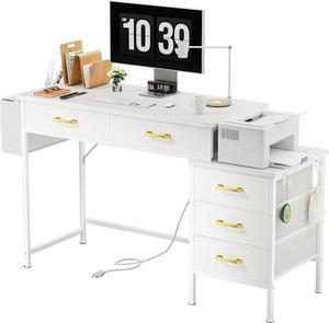 Computer Desk with Charging Station, Home Office Desks with Printer Stand, PC Desk with 5 Fabric Drawers, White Desk with Storage, Vanity Desk for Small Space, White