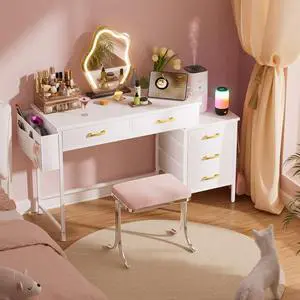 Computer Desk with Charging Station, Home Office Desks with Printer Stand, PC Table with 5 Fabric Drawers, White Desk with Storage, Vanity Desk for Small Space, White