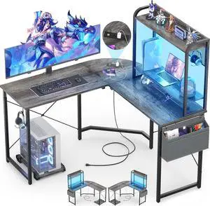 Small L Shaped Gaming Desk with Power Outlets, Corner Gaming Desk with LED Light, Reversible L-Shaped Desk with Monitor Stand & Hutch, L Shaped Desk Home Office Desk with Storage Bag, Grey