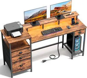 Furologee Computer Desk with 4 Drawers, 60" Office Long Desk with Fabric File Cabinet and Power Outlets, Gaming Desk with LED Lights, Study Writing Work Desk for Home Office, Rustic Brown