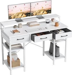 CubiCubi 47 Inch Computer Desk with 3 Drawers and Storage Shelves, Small Home Office Desk with Monitor Stand, Study Writing Table for Bedroom, White