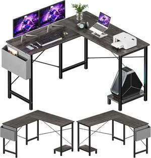 Sweetcrispy L Shaped Gaming Desk, Computer Corner Table PC Gaming with CPU Stand Side Bag for Home Office Dorm Sturdy Writing Workstation, Grey, 50 Inch