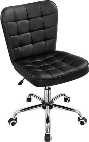 Yaheetech Armless Desk Chair Modern Tufted Office Chair Faux Leather Upholstered Computer Chair with Adjustable Seat Height and Rolling Wheels for Home/Office, Black