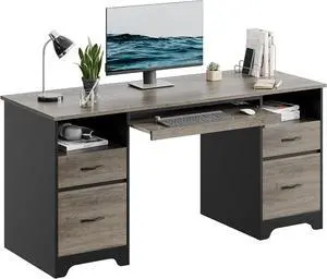 Bestier 59 Computer Desk with 4 Drawers, Office Desk with Storage, Industrial Executive Desk with File Drawer, Keyboard Tray & 2 Pedestals on Both Sides for Home Office & Studio, Grey
