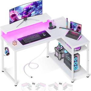 MOTPK White L Shaped Gaming Desk with Power Outlet, Reversible Computer Desk with Height Adjustable Monitor Stand, Coner Desk 43inch with LED Lights, Home Office Desk