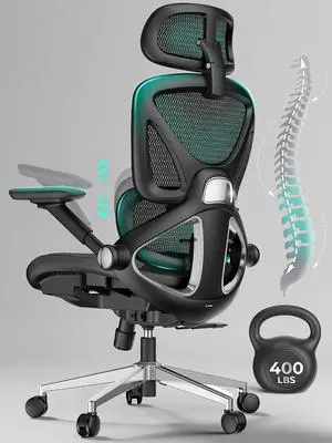 Ergonomic Mesh Office Chair, Adjustable Lumbar High Back Desk Chair 400lbs, 4D Flip-up Arms, 3-Level Tilt Backrest, 3D Headrest, PU Wheels, Swivel Rolling Computer Chair for Long Desk Work