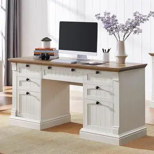 OKD 60" Executive Desk with Drawers, Farmhouse Home Office Desk with Charging Station, Keyboard Tray, File Cabinet Storage, Wood Computer Desk for Work and Study, Antique White