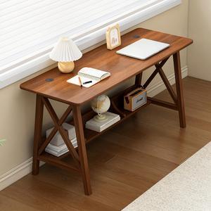Extra Long Desk with Bookshelf - Home Office Work Study Solid Wood Legs Table, Writing Computer Workstation with Storage Shelf in Walnut, 47" Wx16 Dx30 H