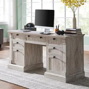 60" Executive Desk with Drawers, Farmhouse Home Office Desk with Charging Station, Keyboard Tray, File Cabinet Storage, Wood Computer Desk for Work and Study, Antique Brushed White