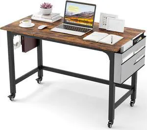 Tangkula 48 Mobile Computer Desk with Storage Bag & 2 Hanging Hooks, Rolling Home Office Writing Study Desk, Rolling PC Workstation with Lockable Universal Casters for Study Room, Bedroom