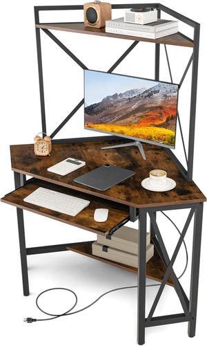 Tangkula Corner Desk with Hutch & Charging Station, Space-Saving Computer Desk with Shelves & Keyboard Tray, Triangle Home Office Desk with Metal Frame, Corner Desk for Small Space