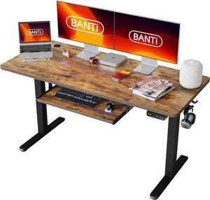 BANTI 55" x 24" Height Adjustable Electric Standing Desk with Keyboard Tray, Sit Stand up Desk with Splice Board, Black Frame/Rustic Brown Top