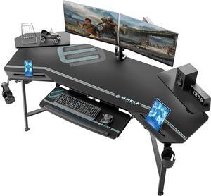 EUREKA ERGONOMIC Aero Gaming Desk with Led Lights, 72" Large Wing-Shaped Studio Desk W Keyboard Tray Monitor Stand Dual Headphone Hanger Cup Holder for Live, Streamer