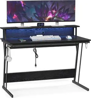 VASAGLE LED Gaming Desk with Power Outlets, Computer Desk with USB Ports, Office Desk with Monitor Stand for 2 Monitors, with Hooks, for Bedroom, 23.6 x 47.2 x 29.5 Inches Ebony Black ULWD092B56