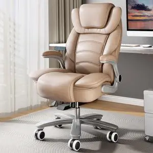 GYI Big and Tall Office Chair 400lb Wide Seat, High Back Leather Executive Office Chair with Flip-up Arms, Ergonomic Computer Desk Chairs for Home Office, Brown