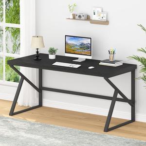 HSH Black Computer Desk, Long Home Office Laptop PC Desk, Large Industrial Metal Wood Executive Writing Gaming Workstation Desk, Modern Simple Student Study Work Table for Bedroom Living Room, 60 Inch