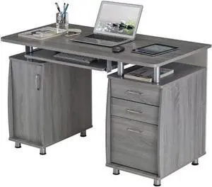 Pemberly Row 48" Wide Home Office Computer Desk in Gray with CPU Storage Cabinet and Hanging File Cabinet, Grey