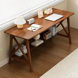 Extra Long Desk with Bookshelf - Solid Wood Home Office Work Study Table, 2-Person Writing Computer Workstation with Storage Shelf in Walnut, 55" Wx20 Dx30 H