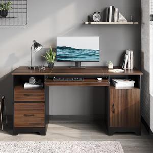 Bestier 59 Executive Desk with 2 Drawers, Computer Desk with Storage Cabinet, Industrial Wood Desk with File Drawer, Keyboard Tray & 2 Pedestals for Home Office & Studio, Cherry