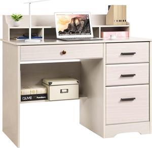 Catrimown Computer Desk with Drawers and Hutch, Farmhouse Home Office Desk Writing Table Wood Executive Desk Student Desk with File Drawer for Bedroom, Small Space, Milky White