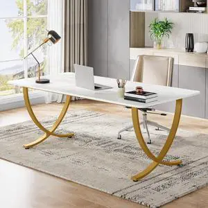 Tribesigns Executive Desk, 63 W x 31.5 D Large Office Desk, Modern Computer Desk Conference Table Meeting Room Table, Business Furniture for Home Office, White and Gold