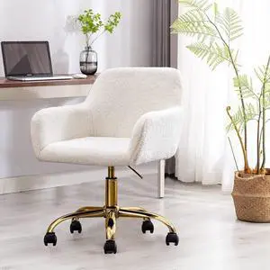 HomVent Modern Faux Fur Cute Office Chair, Upholstered Faux Fur Makeup Vanity Chair, White Furry Desk Chair with Wheels & Gold Base,Ergonomic Adjustable Swivel Task Chair for Girls Women Bedroom Study