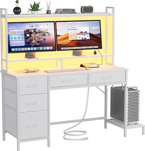 Computer Desk with Hutch, White Gaming Desk with Power Outlets & LED Light & 5 Fabric Drawers, Home Office Desk with 2 Tiers Storage Shelves for Display, 47" PC Gamer Table for Bedroom