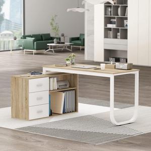 Home Office Computer L-Shaped Desk Corner Desk with 3 Drawers & 2 Shelves, 55 Inch Large Study Writing Table with Storage Cabinet (Beige)