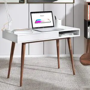 Artswish White Writing Desk with Drawers Mid Century Modern Desk, Wood Office Desk Computer Desk Vanity Desk for Small Space, White Desk with Walnut Legs