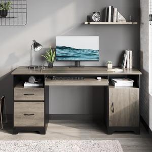Bestier 59 Executive Desk with 2 Drawers, Computer Desk with Storage Cabinet, Industrial Wood Desk with File Drawer, Keyboard Tray & 2 Pedestals for Home Office & Studio, Gray